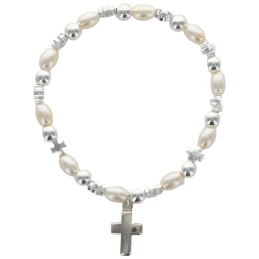 Bracelet dizainier sur élastique grains nacrés et grains forme croix avec croix métal.