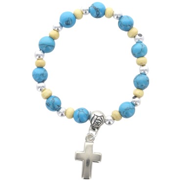 Bracelet dizainier sur elastique pour enfant, grains bois et pierre Ø 5 mm avec croix. Differentes pierres.