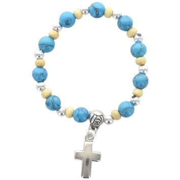 Bracelet dizainier sur elastique pour enfant, grains bois et pierre Ø 5 mm avec croix. Differentes pierres.