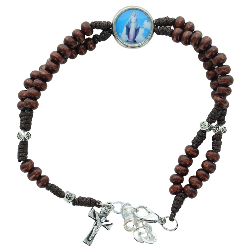 Bracelet sur corde, Ø 4 mm reglable avec fermoir, resine Vierge Miraculeuse et croix metal. Differentes couleurs.