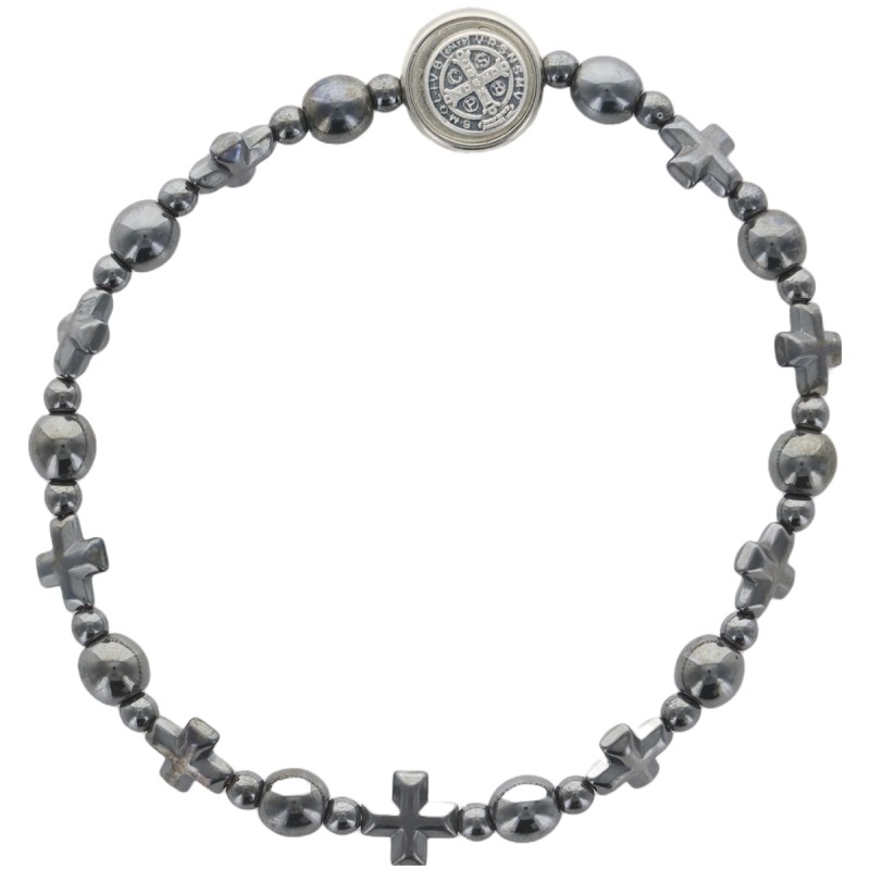 Bracelet dizainier sur élastique grains en hématite rond et forme croix, avec médaille saint Benoit.