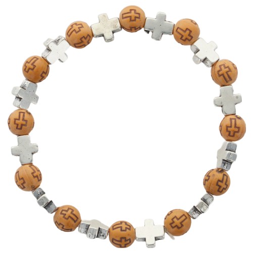 Bracelet sur elastique, grains couleur bois Ø 7mm et grains croix couleur argentee