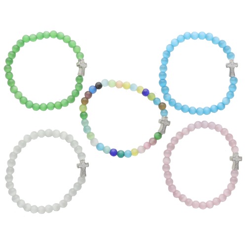Bracelet sur élastique en perles verre saturne couleur assortie avec croix strass Ø 4 mm. LOT DE 5