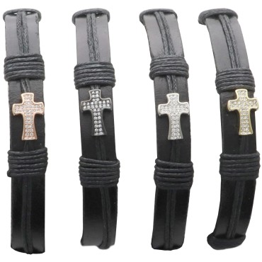 Bracelet cordon en cuir noir reglable et croix de differentes couleurs. LOT DE 4