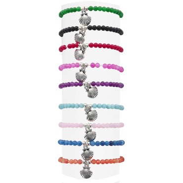 Bracelet sur élastique en pierre de 4 mm avec coquille de saint Jacques, métal de couleur argentée. LOT DE 9 ASSORTIS