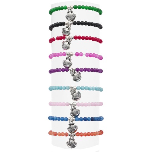 Bracelet sur élastique en pierre de 4 mm avec coquille de saint Jacques, métal de couleur argentée. LOT DE 9 ASSORTIS