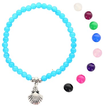 Bracelet sur élastique en pierre de 4 mm avec coquille de saint Jacques, métal de couleur argentée. LOT DE 9 ASSORTIS
