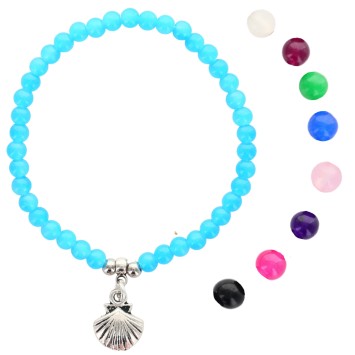 Bracelet sur élastique en pierre de 4 mm avec coquille de saint Jacques, métal de couleur argentée. LOT DE 9 ASSORTIS