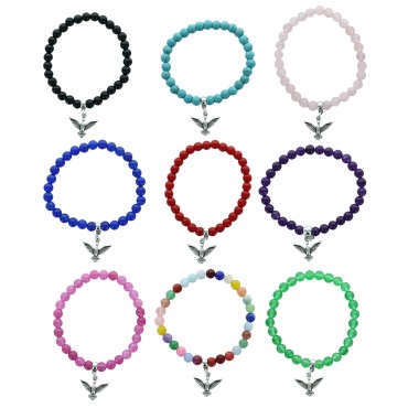 Bracelet sur elastique en pierre de 6mm avec colombe en metal de couleur argentee. LOT DE 9 ASSORTIS