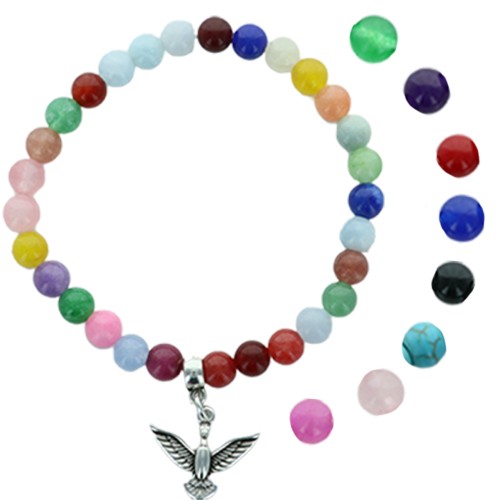 Bracelet sur elastique en pierre de 6mm avec colombe en metal de couleur argentee. LOT DE 9 ASSORTIS