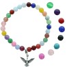 Bracelet sur elastique en pierre de 6mm avec colombe en metal de couleur argentee. LOT DE 9 ASSORTIS