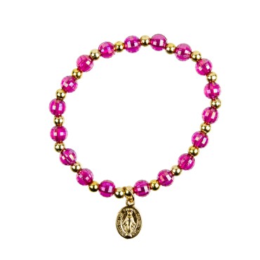 Bracelet sur élastique couleur dorée grains à facettes couleurs assorties Ø 6 mm, avec médaille de la Vierge Miraculeuse.