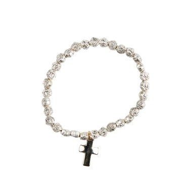 Bracelet sur elastique grains forme fleur en metal Ø 8 mm, avec croix.