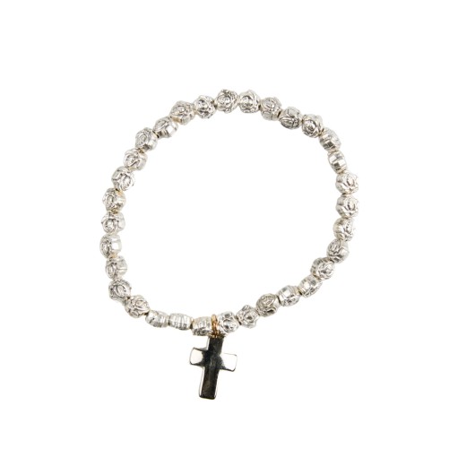 Bracelet sur elastique grains forme fleur en metal Ø 8 mm, avec croix.