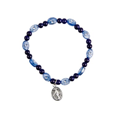 Bracelet dizainier sur elastique pour enfant avec grains en plastique Ø 4.5 mm et medaille metal de la Vierge Miraculeuse.
