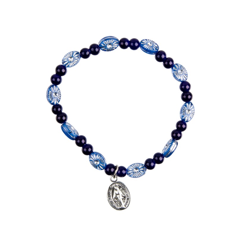 Bracelet dizainier sur elastique pour enfant avec grains en plastique Ø 4.5 mm et medaille metal de la Vierge Miraculeuse.