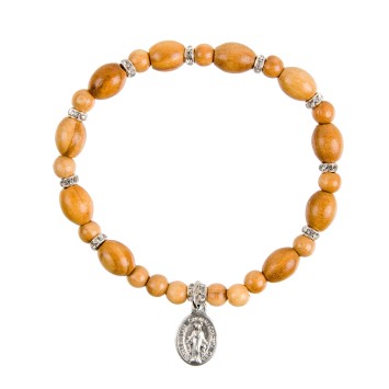 Bracelet dizainier sur élastique en bois d'olivier avec strass Ø 7 mm , avec médaille métal de la Vierge Miraculeuse.