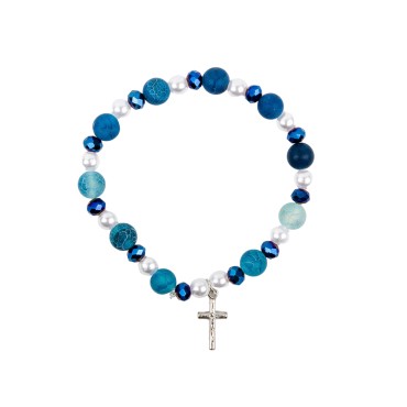 Bracelet dizainier sur elastique grains bleus imitation pierre Ø 8 mm avec croix.