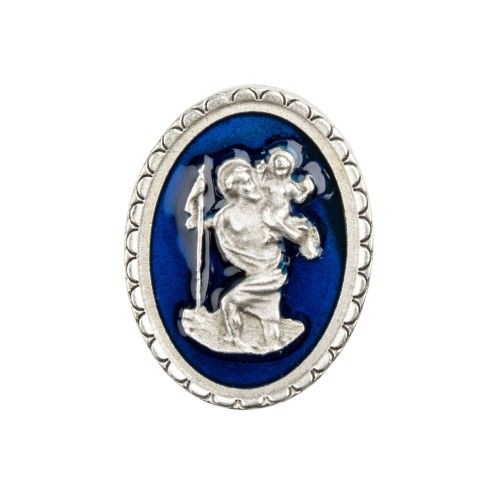 Plaque auto ovale de Saint Christophe en métal, émaillée bleue – Hauteur 3,5 cm
