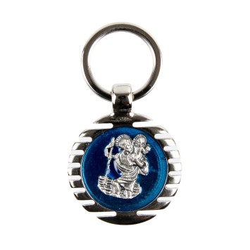 Porte-clés de Saint Christophe en métal, émaillé bleu – Ø 4 cm