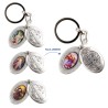 Porte-clés médaille de saint Benoît en métal couleur argentée ouvrant H. 4,5 cm double résine, plusieurs saints.