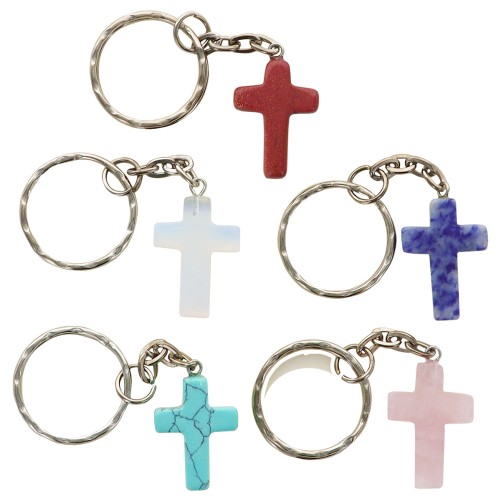 Porte-cles H. 2,3 cm imitation pierre en forme de croix couleur assortie - LOT DE 5 ASSORTIS