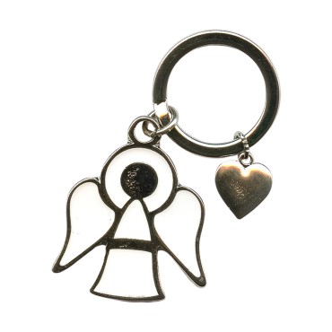 Porte-clés ange en métal argenté, émaillé blanc avec cœur – Hauteur 3,5 cm