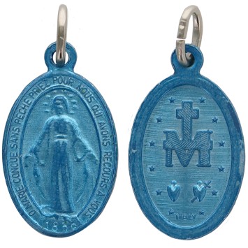 Medaille en aluminium couleur bleue H. 1,8 cm de la Vierge Miraculeuse, inscription en Francais. LOT DE 100