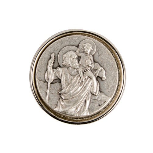 Plaque auto de saint Christophe Ø 3,5 cm en métal couleur argenté.