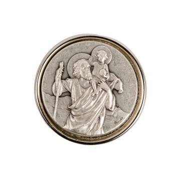 Plaque auto de saint Christophe Ø 3,5 cm en métal couleur argenté.