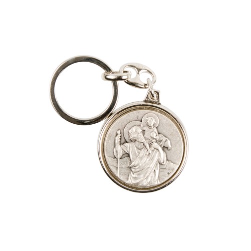 Porte-cles de saint Christophe buste Ø 3.2 cm en metal couleur argentee.
