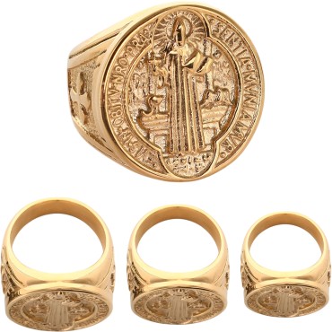 Bague en acier inoxydable de couleur doree avec medaille de Saint Benoit Ø 2 cm. Existe en differentes tailles.