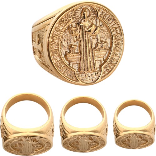 Bague en acier inoxydable de couleur doree avec medaille de Saint Benoit Ø 2 cm. Existe en differentes tailles.
