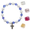 Bracelet dizainier sur elastique, grains en verre cubique et perles nacrees Ø 8 mm avec croix en metal. LOT DE 5