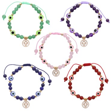Bracelet sur corde reglable grains en pierre naturelle Ø 6 mm avec une medaille et croix ajouree. LOT DE 5 ASSORTIS.