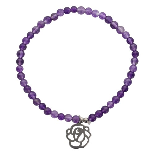Bracelet sur elastique, grains pierre naturelle et synthetique Ø 4 mm et pendentif forme de rose acier inoxydable. LOT DE 5