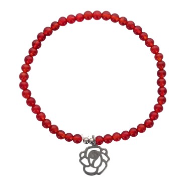 Bracelet sur elastique, grains pierre naturelle et synthetique Ø 4 mm et pendentif forme de rose acier inoxydable. LOT DE 5
