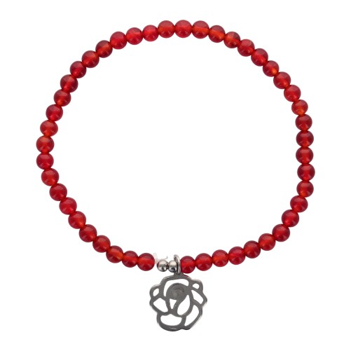 Bracelet sur elastique, grains pierre naturelle et synthetique Ø 4 mm et pendentif forme de rose acier inoxydable. LOT DE 5