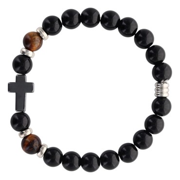 Bracelet sur elastique grains en onyx noir synthetique et grains oeil de tigre naturel Ø 8 mm avec croix en hematite.
