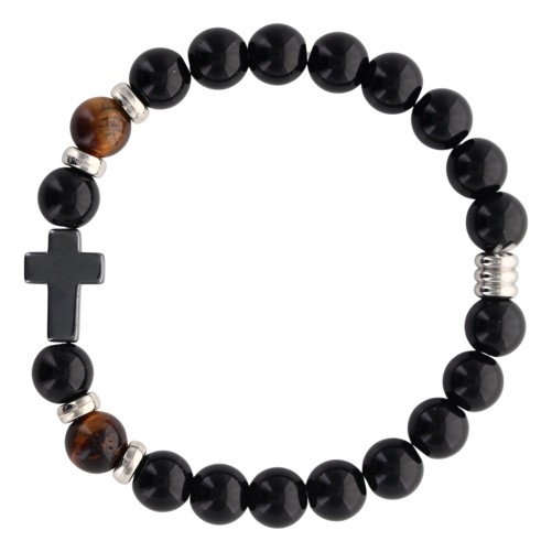 Bracelet sur elastique grains en onyx noir synthetique et grains oeil de tigre naturel Ø 8 mm avec croix en hematite.