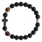 Bracelet sur elastique grains en onyx noir synthetique et grains oeil de tigre naturel Ø 8 mm avec croix en hematite.