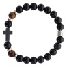 Bracelet sur elastique grains en onyx noir synthetique et grains oeil de tigre naturel Ø 8 mm avec croix en hematite.