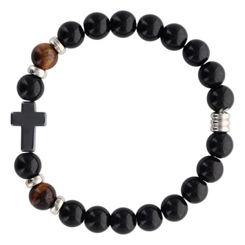 Bracelet sur elastique grains en onyx noir synthetique et grains oeil de tigre naturel Ø 8 mm avec croix en hematite.