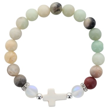 Bracelet sur elastique grains en pierre naturelle et synthetique Ø 9 mm avec croix. LOT DE 4 COULEURS ASSORTIS.
