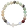 Bracelet sur elastique grains en pierre naturelle et synthetique Ø 9 mm avec croix. LOT DE 4 COULEURS ASSORTIS.