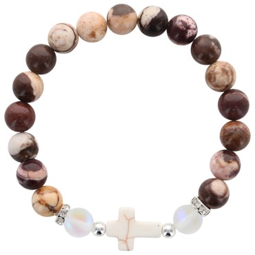 Bracelet sur elastique grains en pierre naturelle et synthetique Ø 9 mm avec croix. LOT DE 4 COULEURS ASSORTIS.