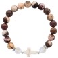 Bracelet sur elastique grains en pierre naturelle et synthetique Ø 9 mm avec croix. LOT DE 4 COULEURS ASSORTIS.