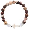 Bracelet sur elastique grains en pierre naturelle et synthetique Ø 9 mm avec croix. LOT DE 4 COULEURS ASSORTIS.