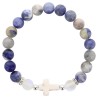 Bracelet sur elastique grains en pierre naturelle et synthetique Ø 9 mm avec croix. LOT DE 4 COULEURS ASSORTIS.