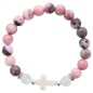 Bracelet sur elastique grains en pierre naturelle et synthetique Ø 9 mm avec croix. LOT DE 4 COULEURS ASSORTIS.